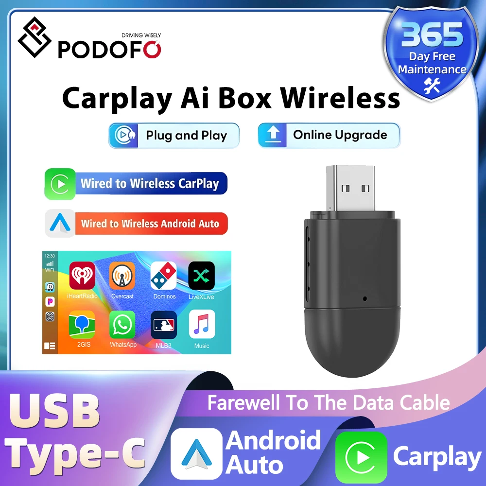 Podofo Carplay Ai Box Wireless CarPlay Android Car Adapter Apple Wireless Carplay Dongle Plug Play portable Support USB/TYPE C