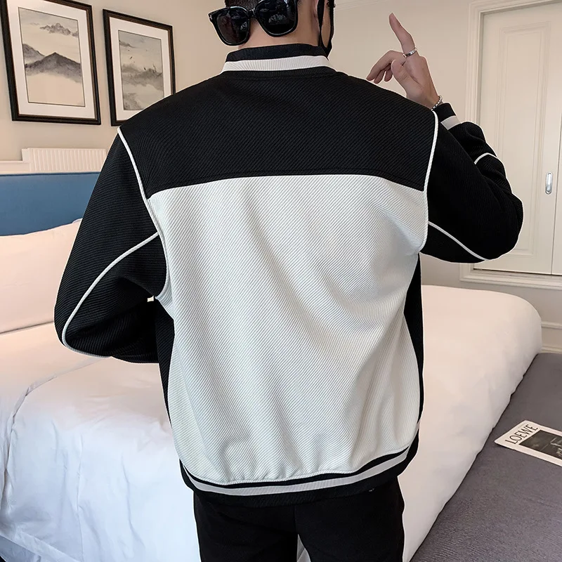 Jaket bisbol kancing pria, mantel kerah berdiri, pakaian jalanan kasual, pakaian luar pas badan, jaket Bomber Hip Hop pria