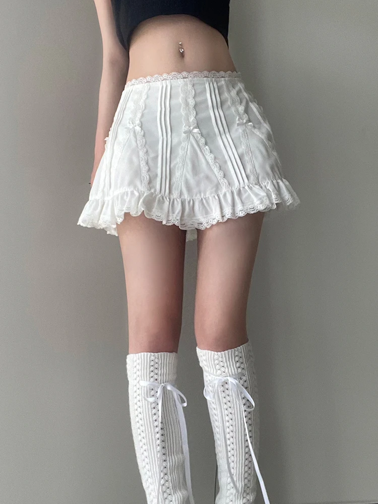 Weekeep y2k Cute A-line Mini Skirt Streetwear Loose Lace Patchwork Solid White Basic Skirts Women Outfits Y2k Aesthetic Clothing