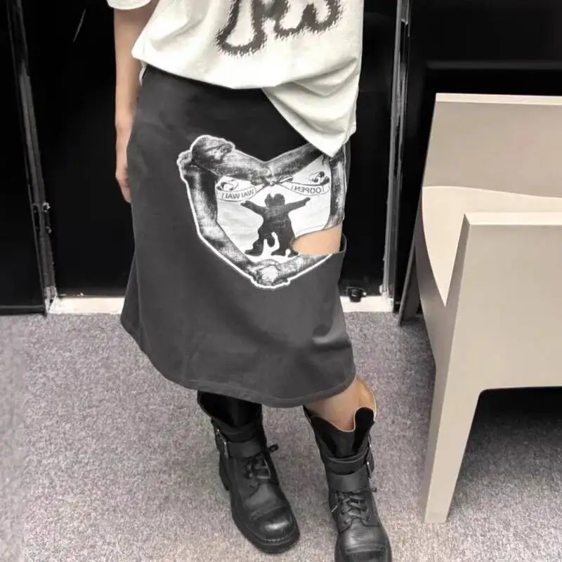 Women Heart Shaped Print Mid Length Skirt With Irregular Cut Tailored Featuring Streamers Trendy Retro Street Comfortable Style