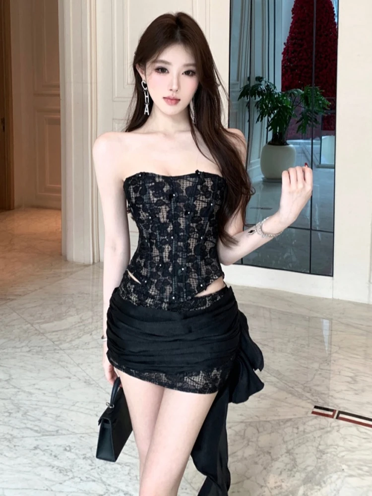 Sexy Cross Back Vest Fishbone Wrap Skirt Set with Sashes Bodycon  Dress for Young Women Trendy Casual Outfit Two Piece Set - view 3