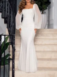 2026 Women's Elegant Long Sleeve Mesh Splicing Slim Evening Party Dress Hip Wrap Fishtail Dress Chic Square Neck Wedding Dress
