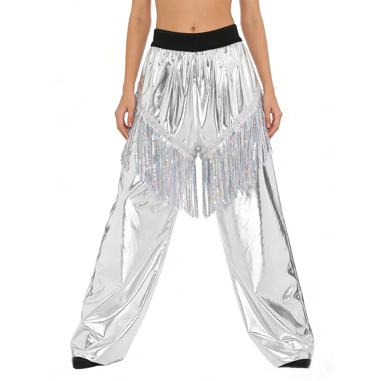 

Womens Jazz Latin Dance Pants Sequined Tassel Elastic Waistband Loose Straight Trousers for Cheerleading Tango Dance Stage Shows