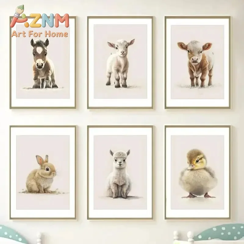 Farm Baby Animals Horse, Sheep, Rabbit, Duck, Alpaca, Bull Wall Art Aesthetics Print Canvas Painting Posters for Home Decor