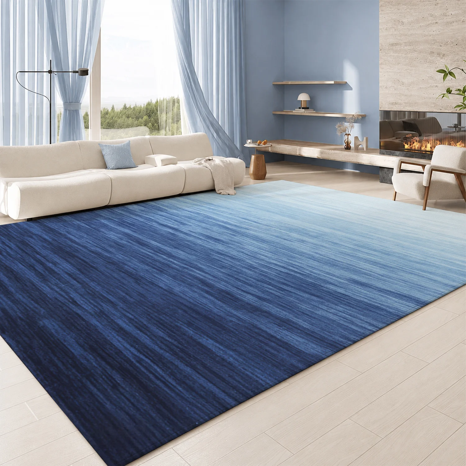 Large Indoor Area Rug, Soft Velvet Low Pile Rug with Non-Slip Dotted Backing, Machine Washable Gradient Blue Vertical Brushstroke Rug for Living Room, Bedroom, Modern Home Decor