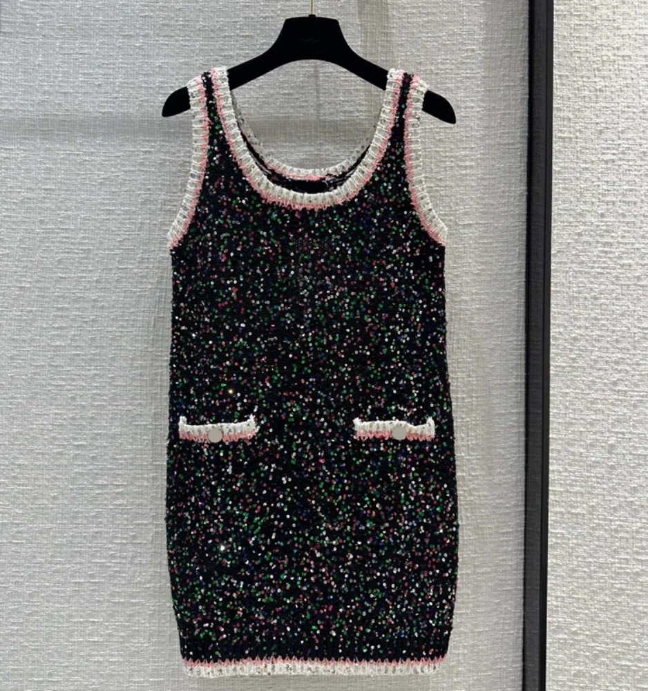 Holiday Style Spring Summer Chic Women High Quality Sequins Knitted Sundress Elegant Dress C692