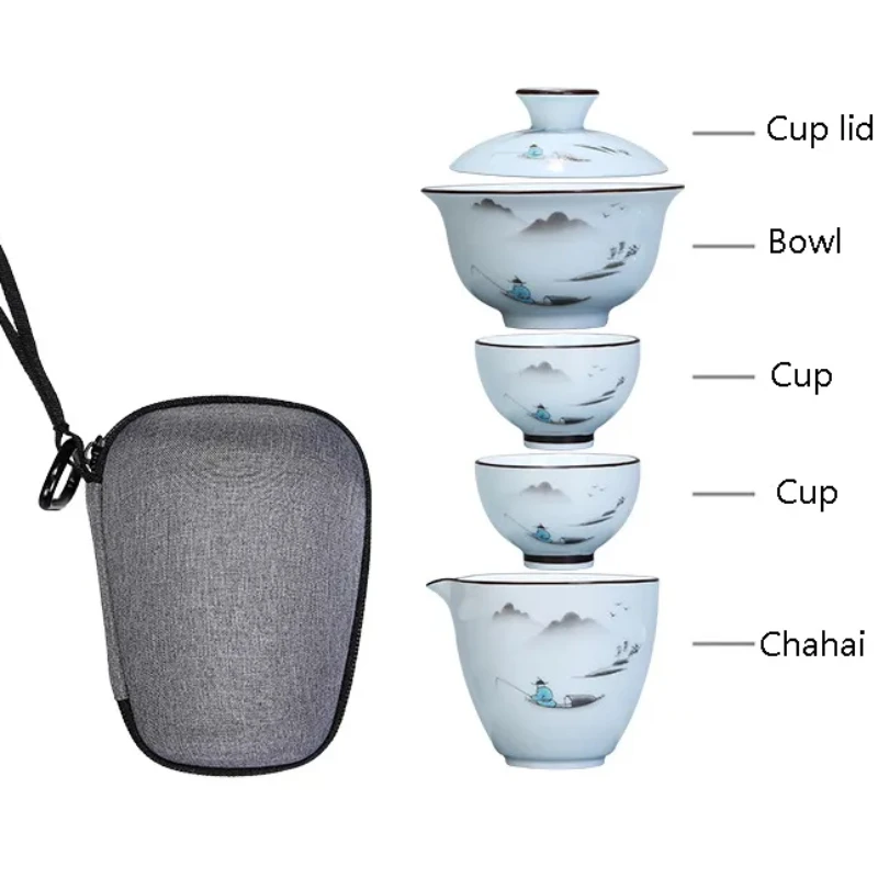 Chinese Kung Fu Tea Set Ceramic Portable Teapot Set Travel Gaiwan Tea Cups of Tea Ceremony Teacup Fine Gift with Travel Bag