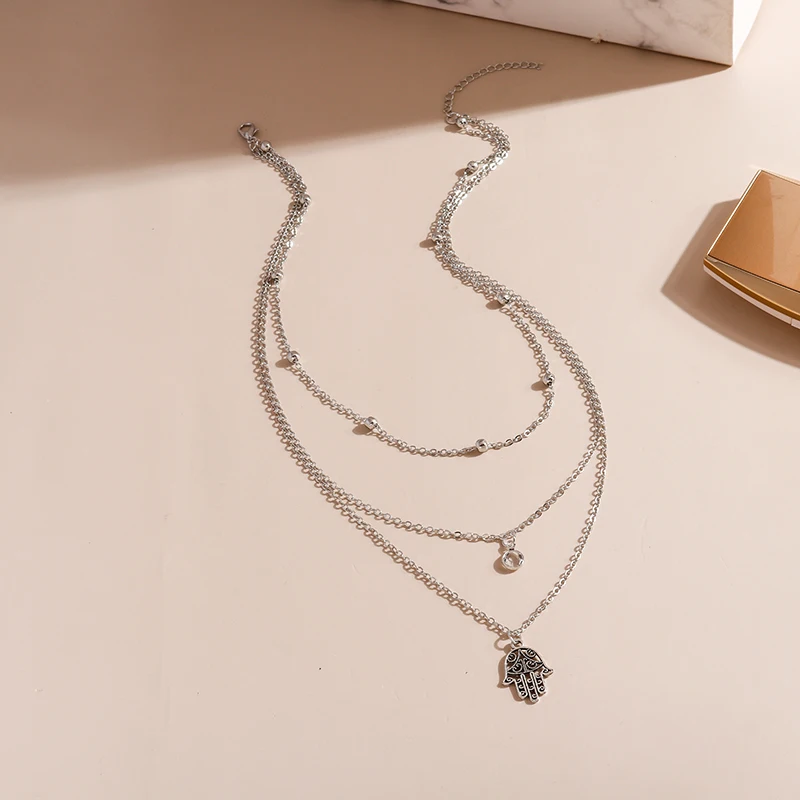 Aihua Vintage Multilayer Wasser Tropfen Mond Schloss Hamsa Hand Ketten Halsketten für Frauen Schmuck Silber Farbe Lange Anhänger Halsketten – Detail 14
