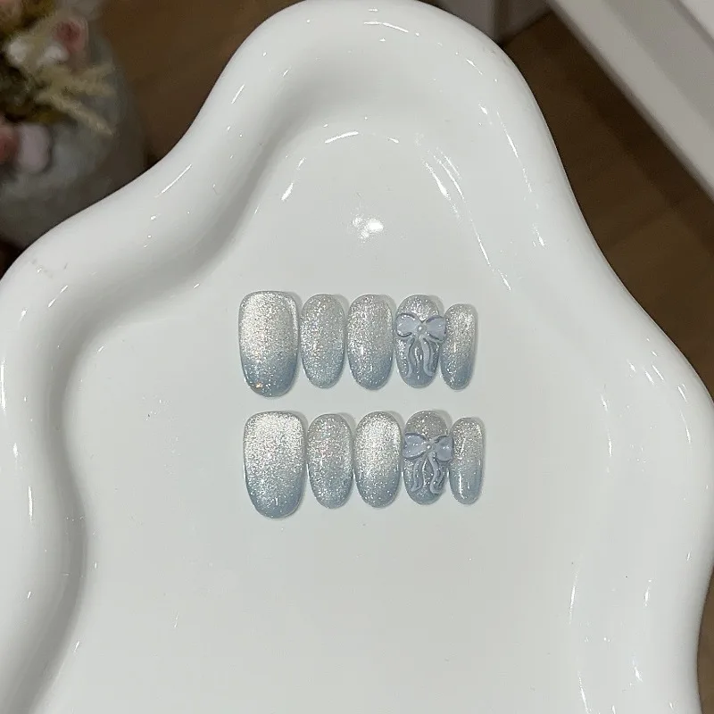 

10 Шт Летняя Свежая Дымка Синий Градиент Ручная Работа Пресс Для Ногтей Блестящие Кошачьи Глаза Нежный Бант Накладные Ногти Съемные Многоразовые