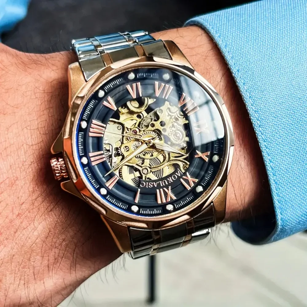 

Новые высококачественные деловые повседневные мужские механические часы, с автоматическим заводом, дизайн со скелетом, ремешок из нержавеющей стали, европейский и американский стиль, высокое качество внешнего вида, легкая роскошь, крутая и уникальная, под