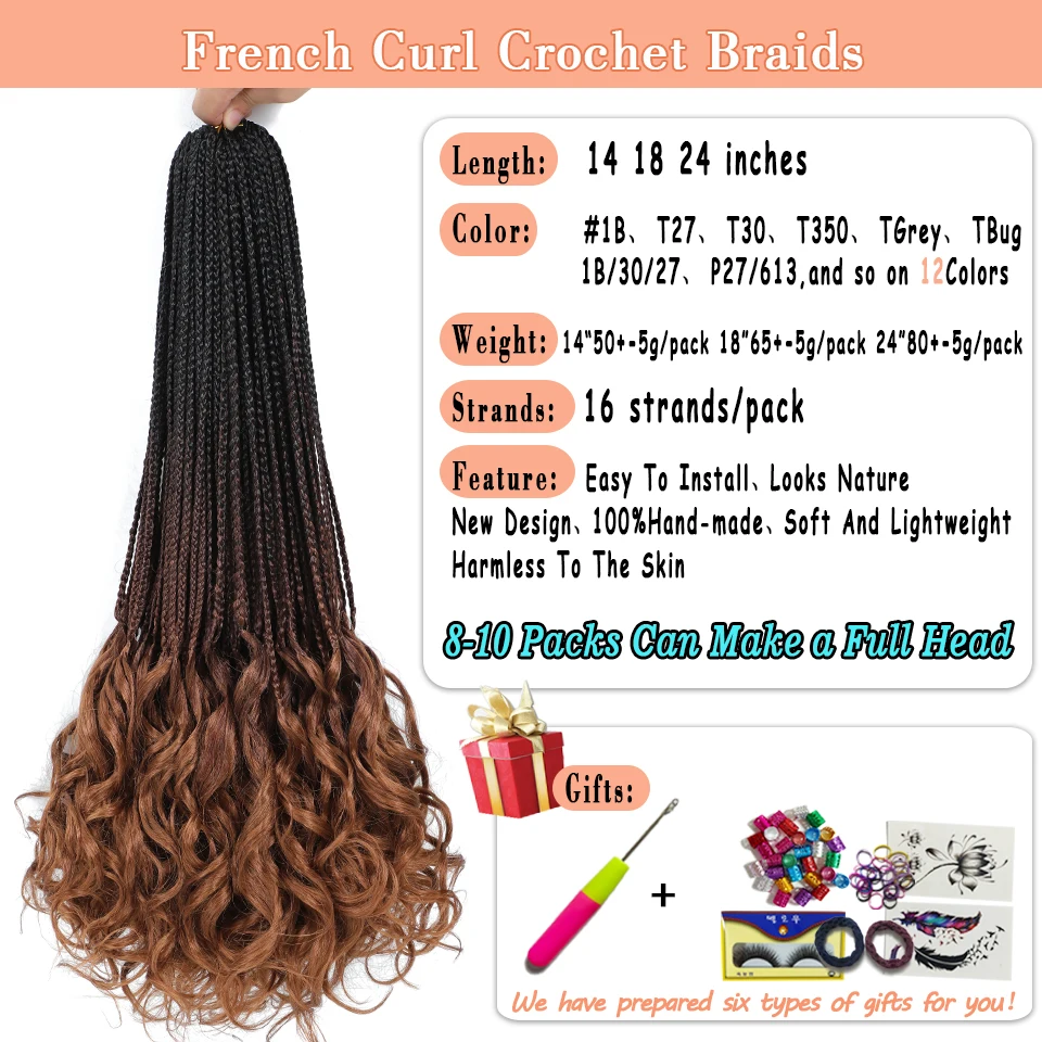 14 18 24 Inch French Curl Crochet Braids Boho Goddess French Curl Box Braids Crochet Hair Synthetic French Curly Braiding Hair