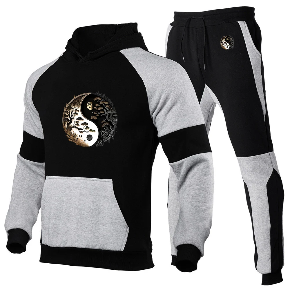 2025 Tai Chi and Eight Trigrams Scenery Spring And Autumn New Men's Casual Patchwork Hoodie + Trouser Harajuku Fashion Suit