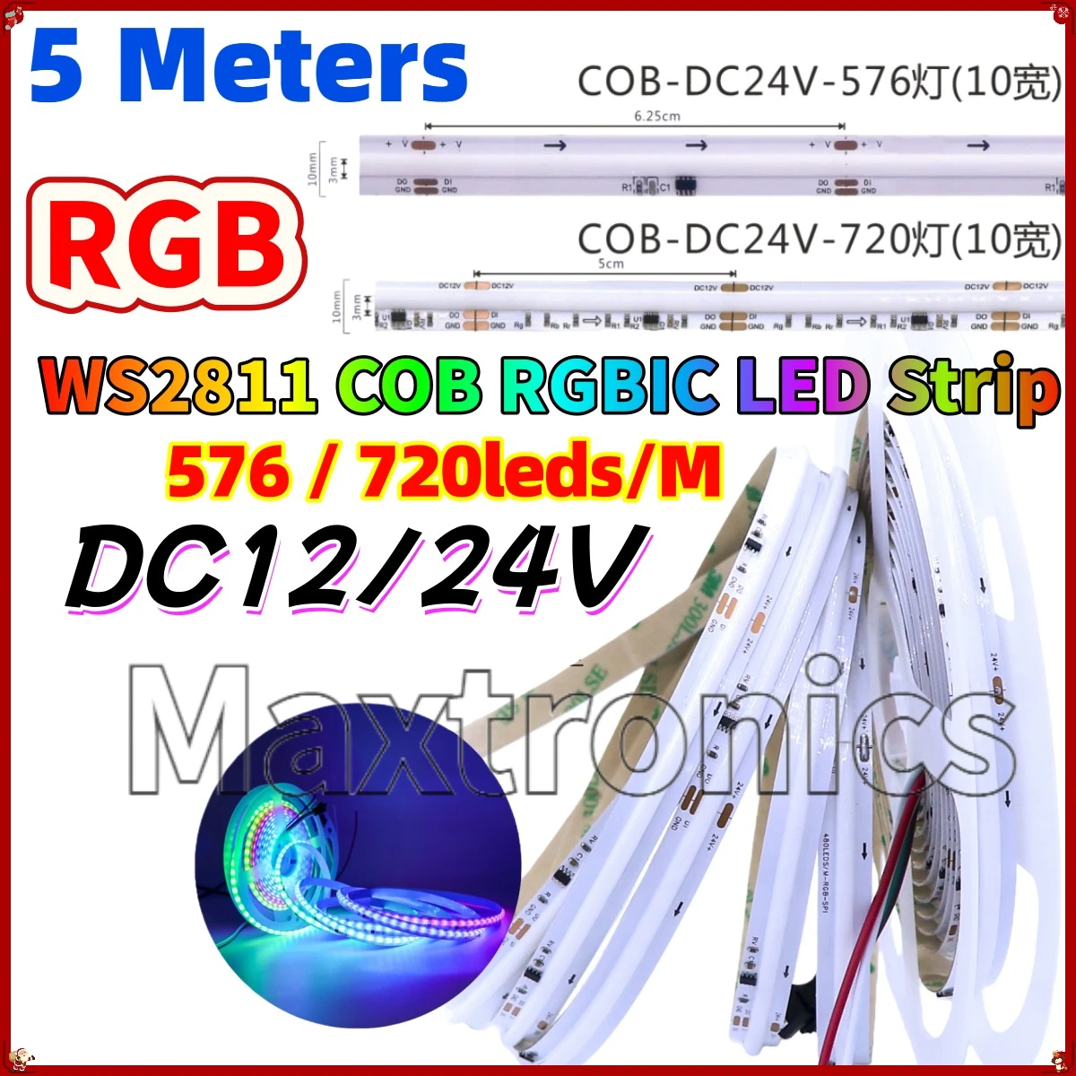 Hot 576/720leds/M 5M DC12-24V WS2811 COB RGBIC LED Strip 10mm Addressable Full Color High Density Flexible FOB LED Pixels Lights