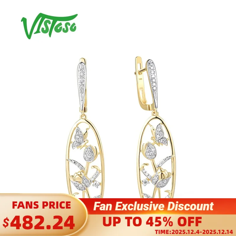 

Женские серьги с бабочками и цветами VISTOSO, серьги из желтого золота 14 к 585 пробы, со сверкающими бриллиантами, с застежкой сзади, модные ювелирные украшения из драгоценных камней