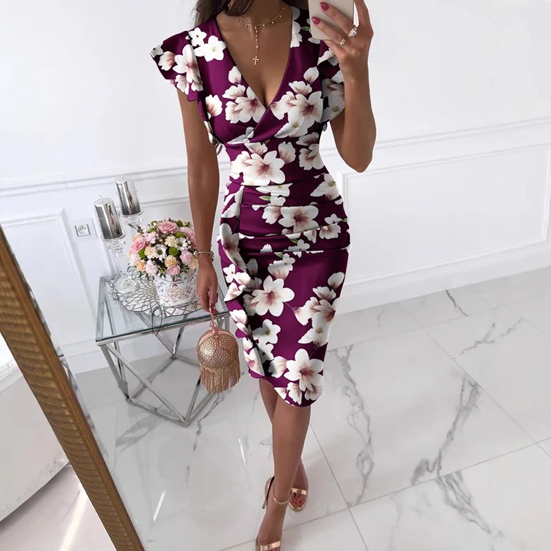 Abito da donna elegante con maniche a volant a vita alta con scollo a V increspato abito corto abito da sera Boho con stampa floreale estiva