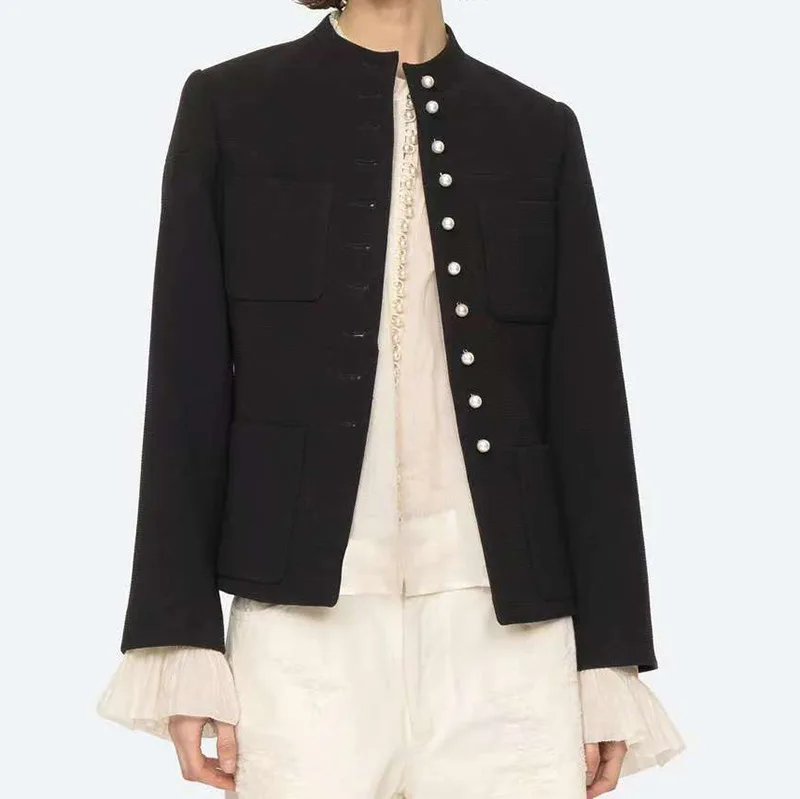 

Women's black stand collar coat slim pockets ladies autumn and winter new jacket