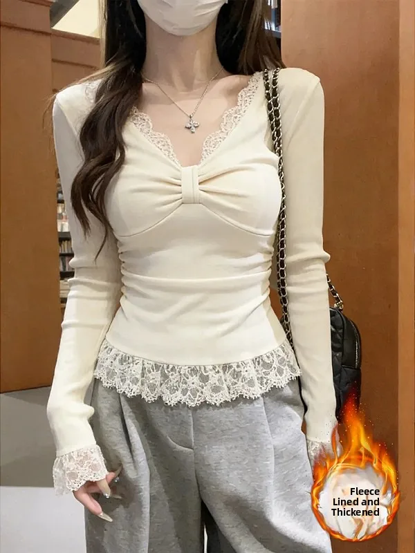 

Женская теплая футболка больших размеров с кружевом и длинным рукавом, V-образным вырезом, на флисовой подкладке, облегающая, однотонная, для повседневной носки, зимняя, как базовый слой