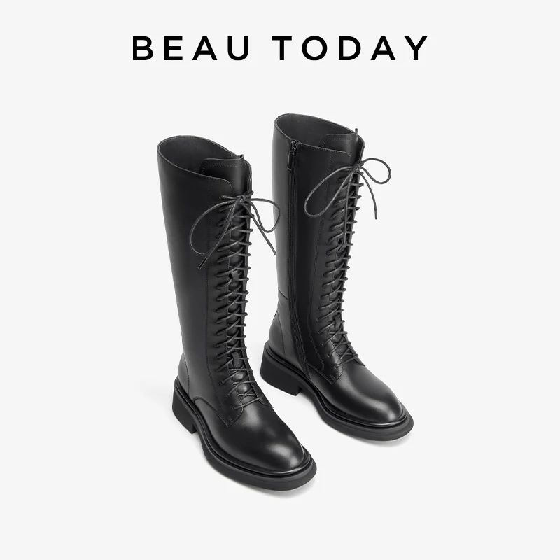 

BEAUTODAY Long Boots Women Genuine Cow Leather Knee-High Side Zipper Round Toe Solid Color Winter Ladies Shoes Handmade 01287