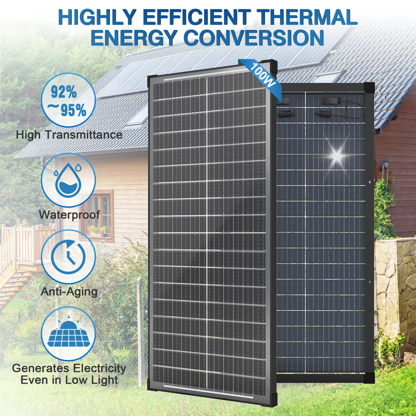 

WERCHTAY 100W 12V Double Sided Solar Panels Monocrystalline 25.5% High-Efficiency 18BB Cells PV Power for Home Rooftop Camping
