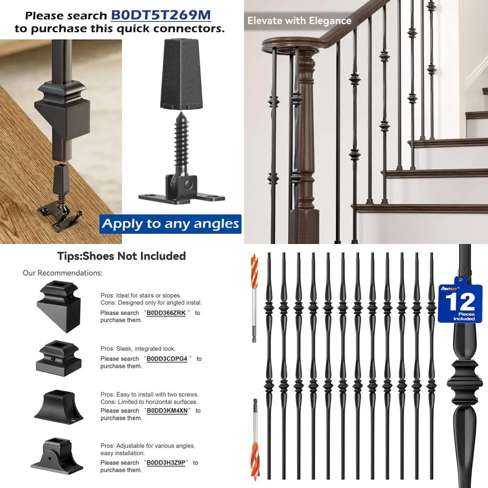 

Black Hollow Iron Balusters for Indoor Stair Railings, 12 Pack with Double Spoon Knuckle Design and 2 Drill Bits Included