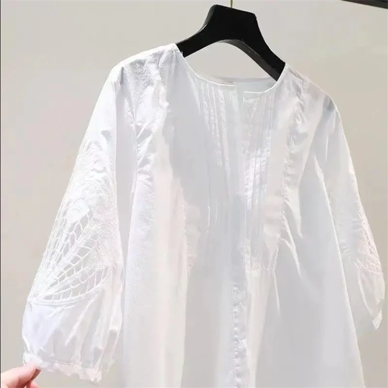 White Embroidered Shirt Women Blouses Cotton Shirts Hollow Summer Top Loose O-neck Cardigan Button Woman Blous Half Sleeve Shirt