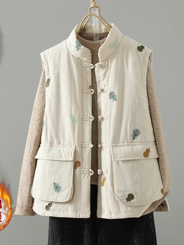 

Новый китайский теплый хлопковый жилет, женский зимний модный топ с вышитыми пуговицами и воротником-стойкой, внутренняя одежда, универсальный хлопок