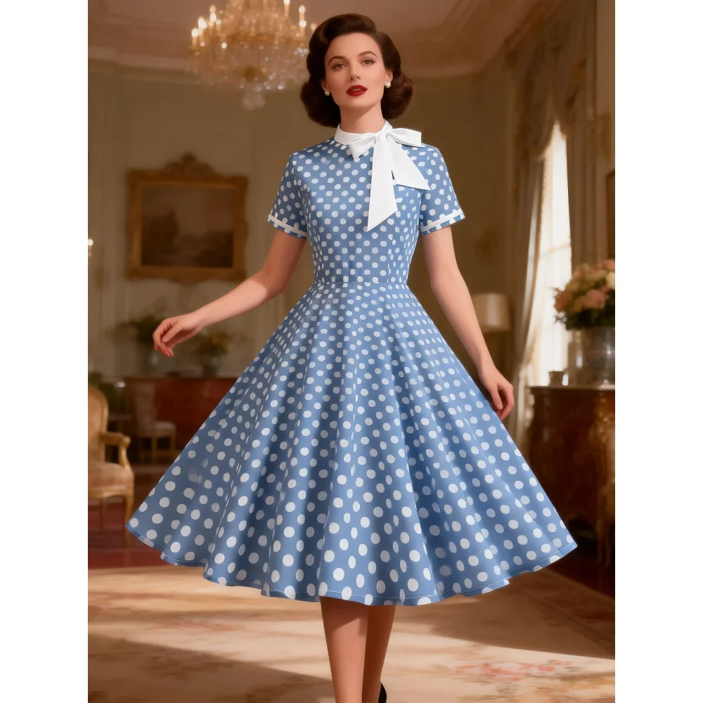 

Bow Tie Polka Dot 1950s Vintage Dress Elegant Women Clothes 2026 Spring Summer Short Sleeve 60s Retro Style Midi Swing Dresses