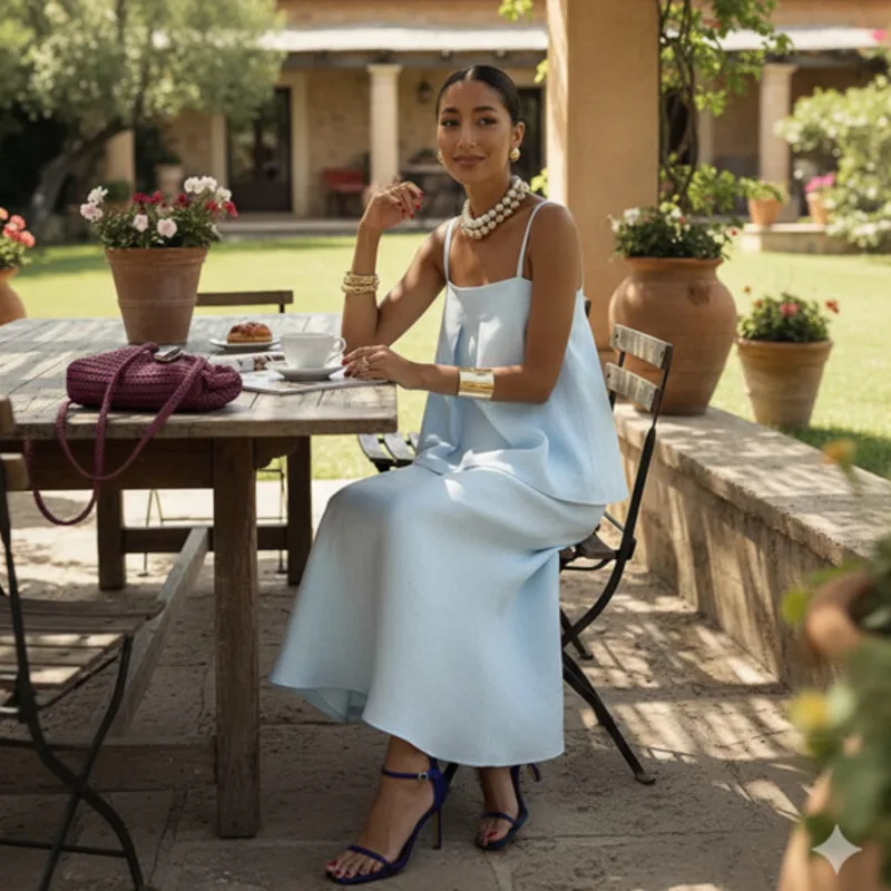 

Women's Summer 100% Cotton Matching Sets Spaghetti Strap Cami Top Mermaid Maxi Skirt Outfit For Beach Vacation Casual Daily Wear