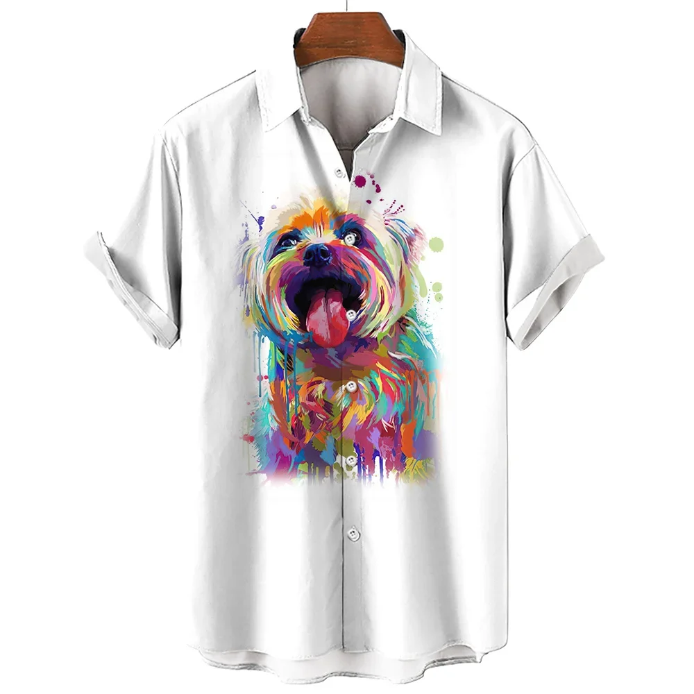 Puppy Print men's Hawaiian Casual Shirt Funny Kitten Oil Painting high-end Lapel men's Shirt 2023 New Style