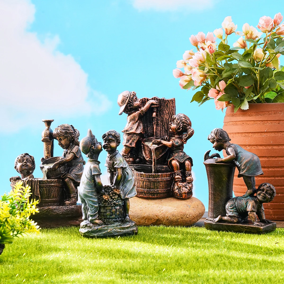 

1PC, boy and girl statues, luminous flowing water garden sculptures, resin sculptures, yard garden sculptures and decorations