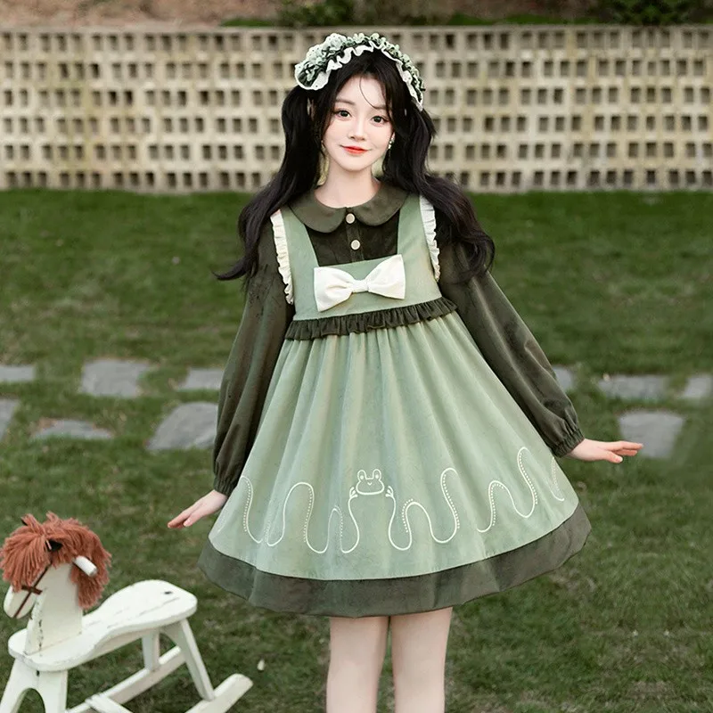 

Little Frog Women Lolita OP Dress Spring Long Sleeve Fake Two Piece Loose Bodycon Dresses Girl Kawaii All-match Dresses