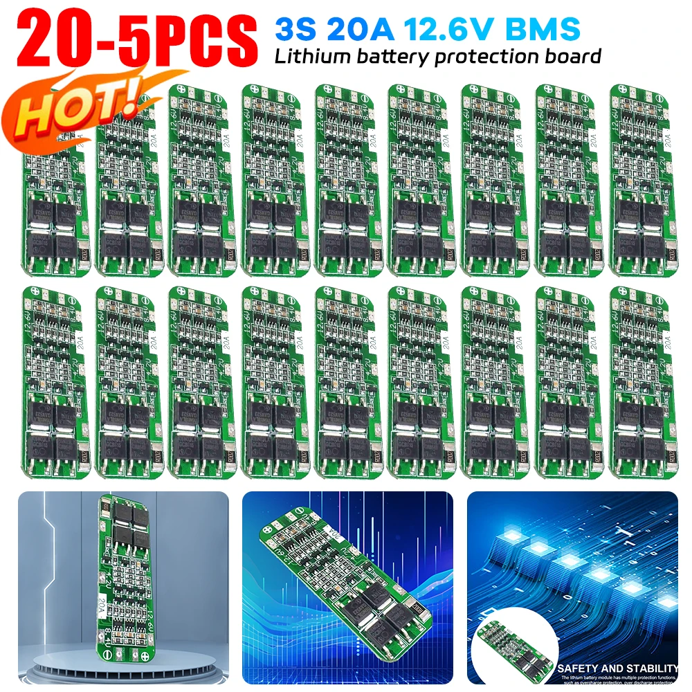 5-20PC 3S 20A Li-ion Lithium Battery 18650 Charger PCB BMS Protection Board For Drill Motor 12.6V-13V Lipo Cell Module 59x20x4mm