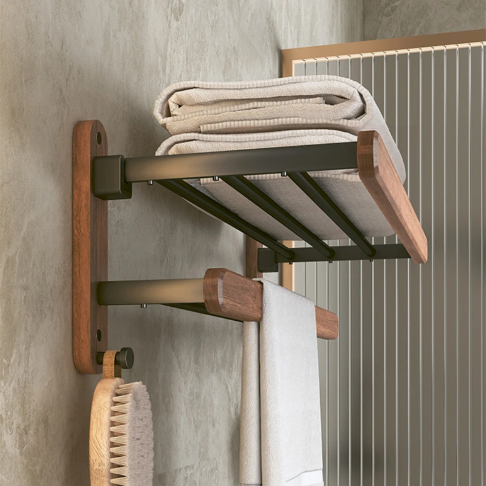 Nordic Solid Wood Wall Mounted Towel Rack, Bathroom Shelf, Perforated Shelves, Light and Luxury