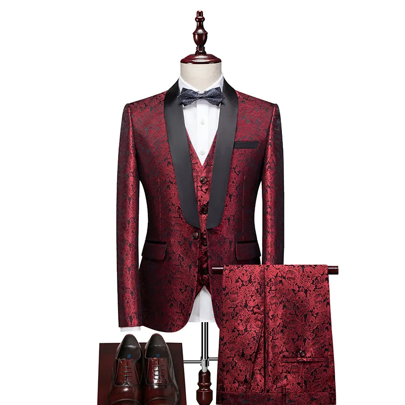 

KIDWHXR Man Three-piece Outfit Patchwork Blazer Men Single-breasted Vest Straight-leg Pant Male Printed Wedding Groom Suit Set