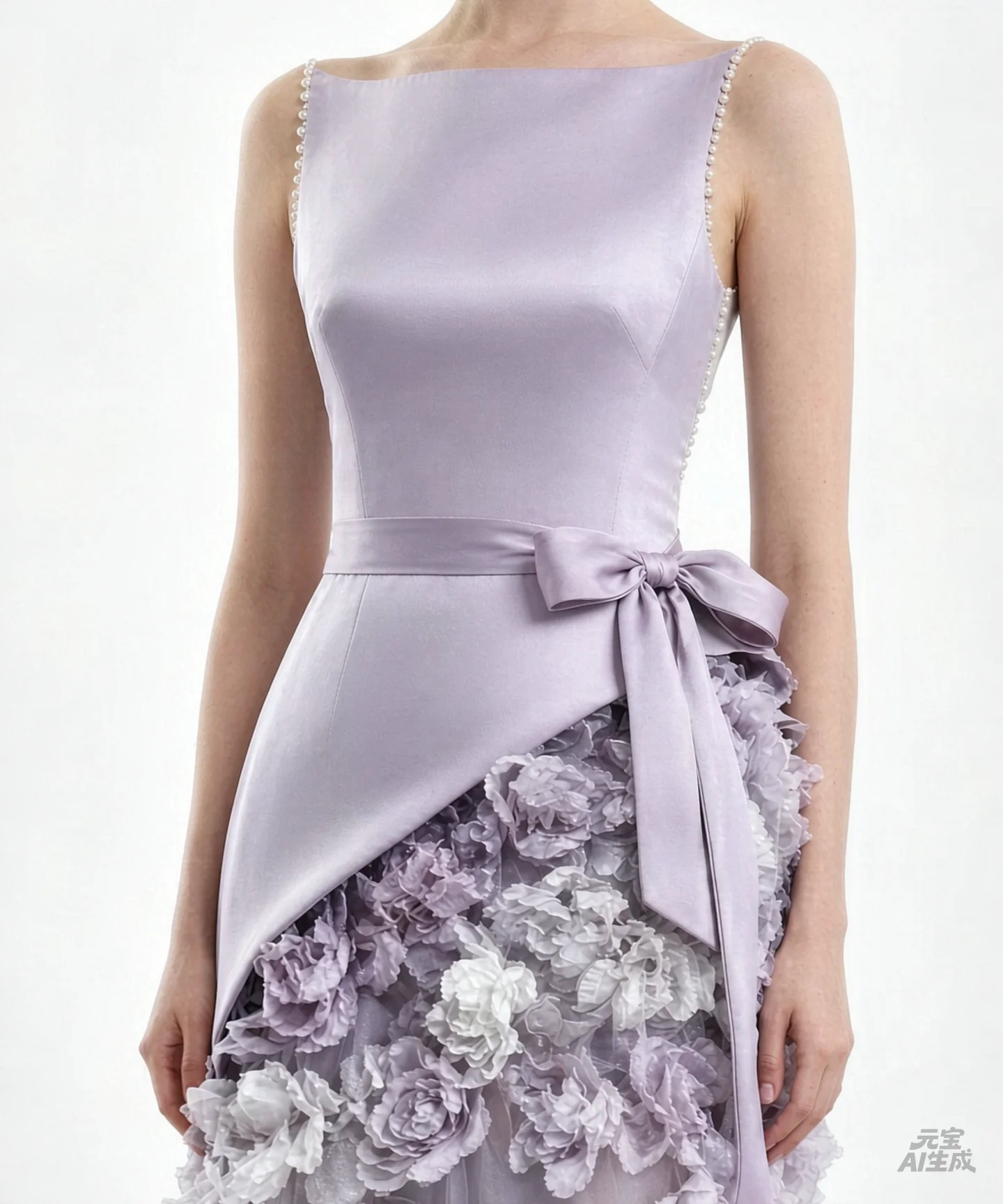 Customized Lavender Satin Tulle A‑Line Evening Dress Sleeveless Bateau Neck Bow Sash Waist 3D Floral Appliques Formal Prom Party - view 4