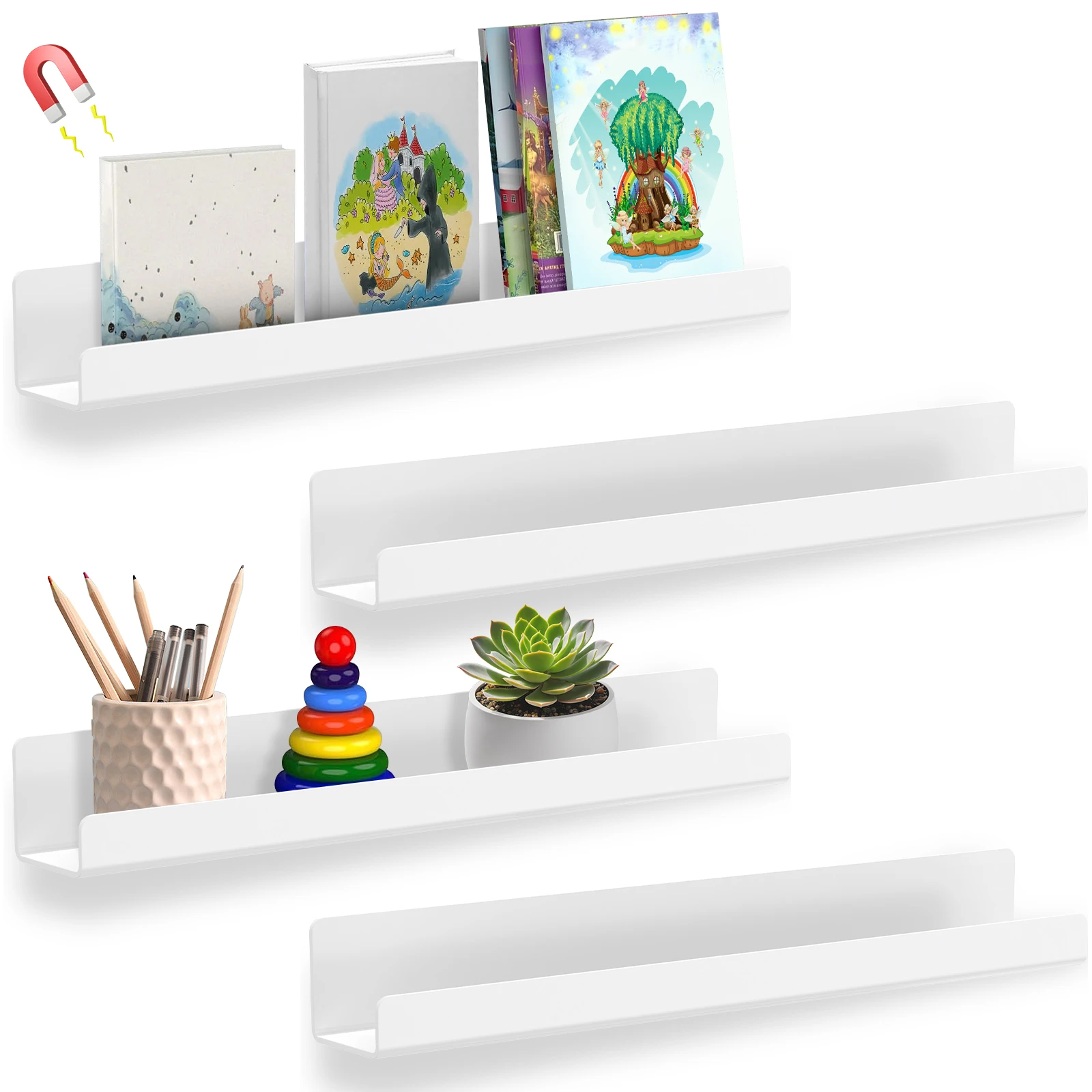 2/4 Packs Magnetic Book Shelf for Whiteboard 16 Inch Reusable Acrylic Magnetic Shelf Holds 8.8 lbs for Classroom Kitchen Nursery