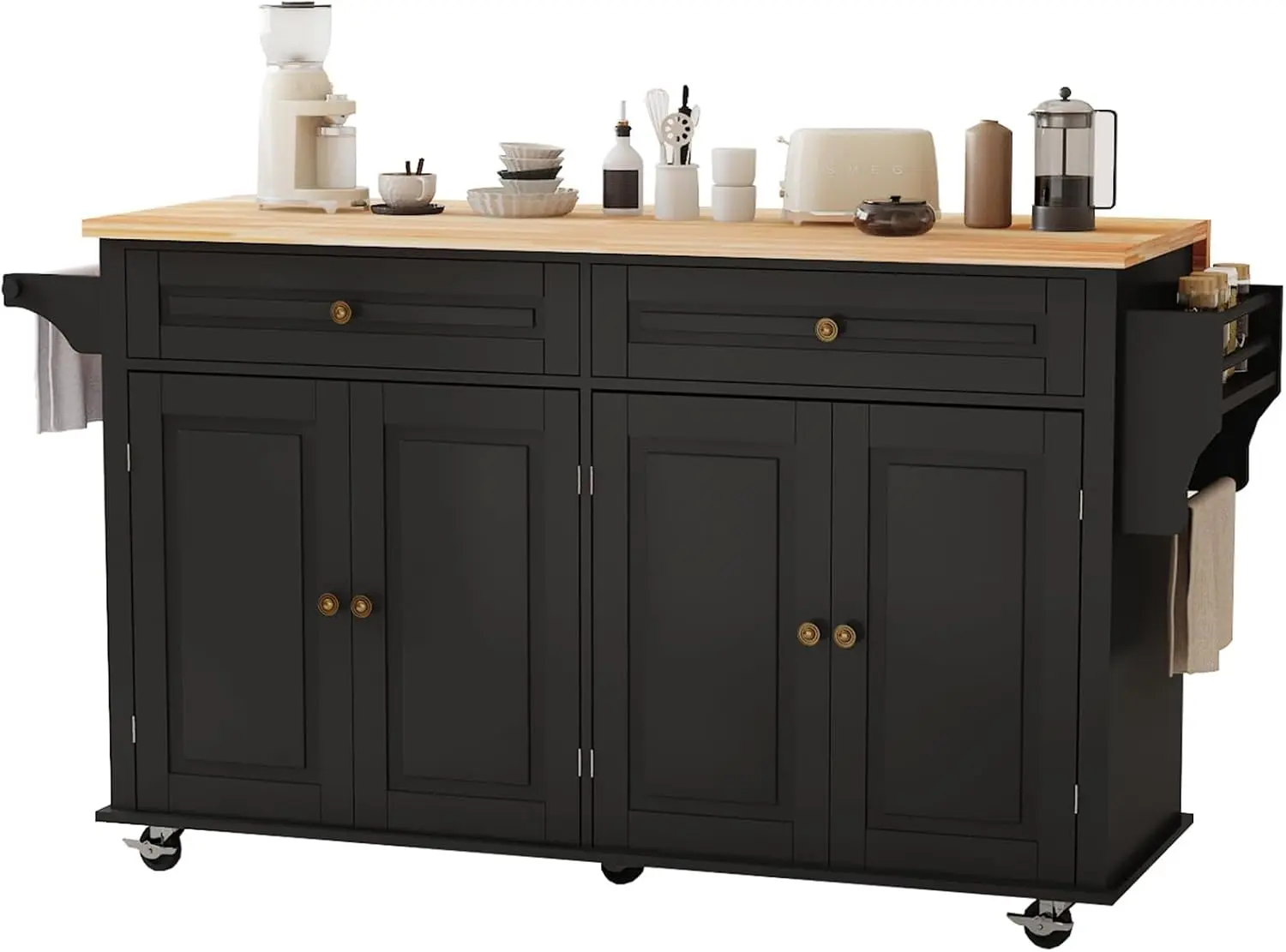 Kitchen Island Cart with Drop Leaf Breakfast Bar, Rolling Storage Cabinet Drawer Spice Towel Rack, Black, Customized