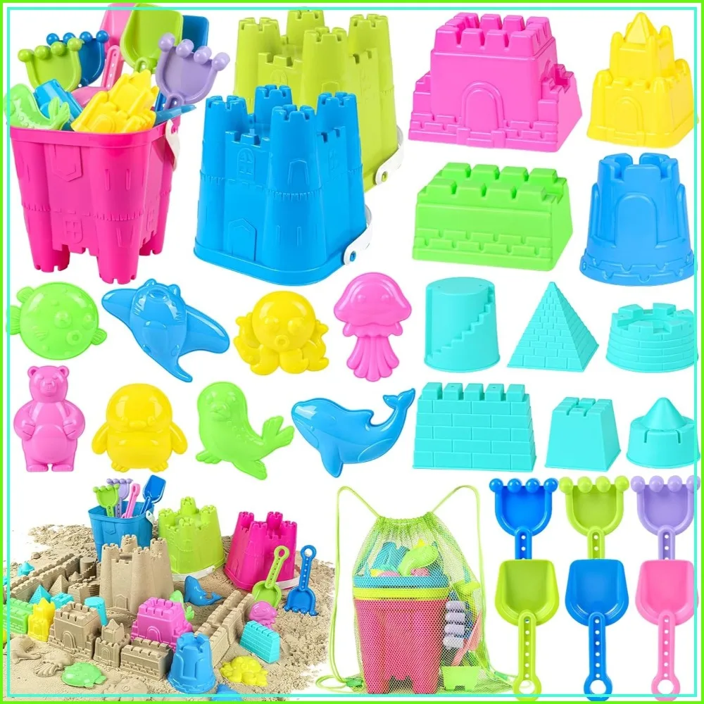 

Beach Sand Castle Toys Set with 3 Buckets, 6 Shovels, Mesh Bag & Molds for Toddlers Kids Age 3-10