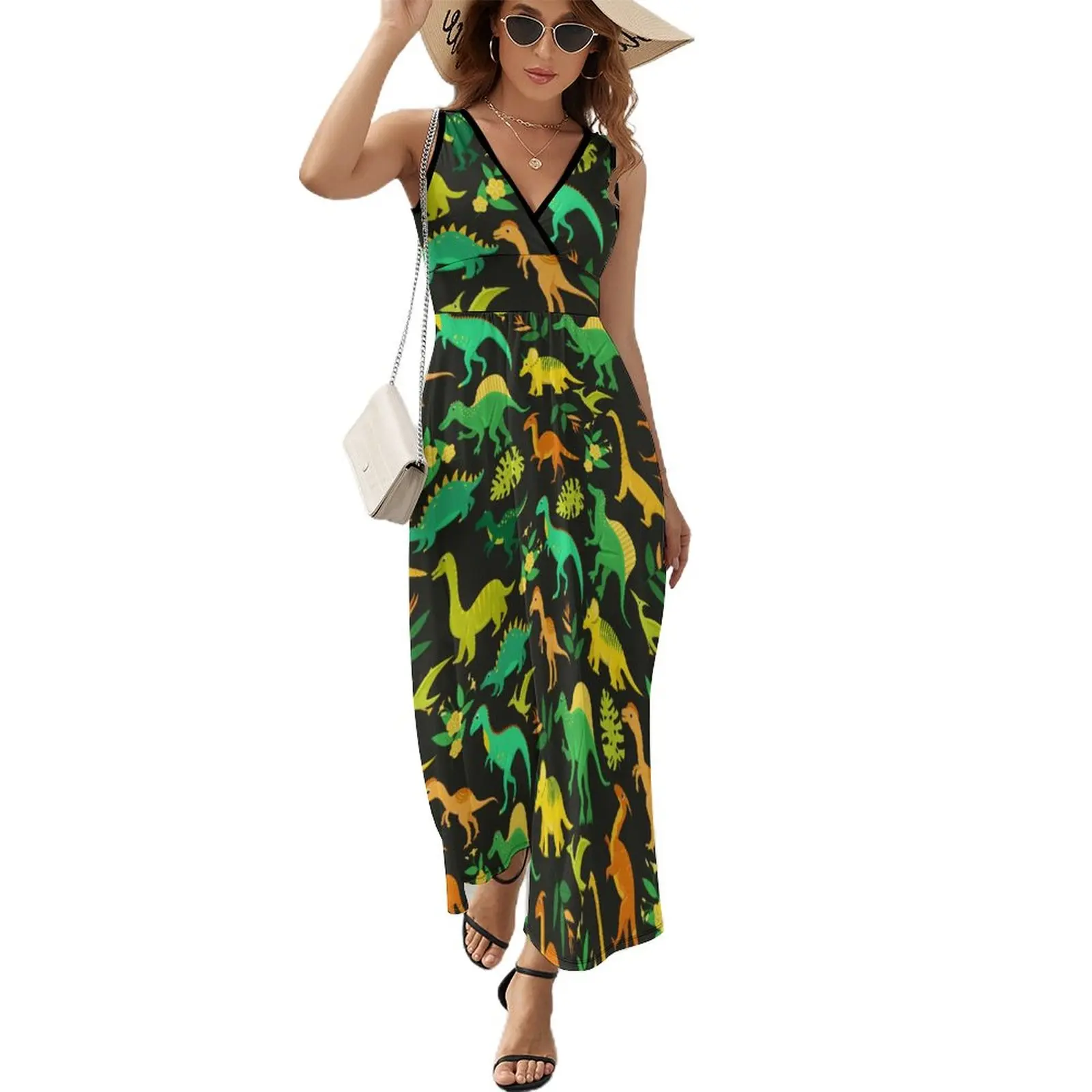 

Cartoon Dinosaurs And Tropial Palm Dress Club Maxi Dress V Neck Pattern Boho Beach Long Dresses Aesthetic Oversize Clothes