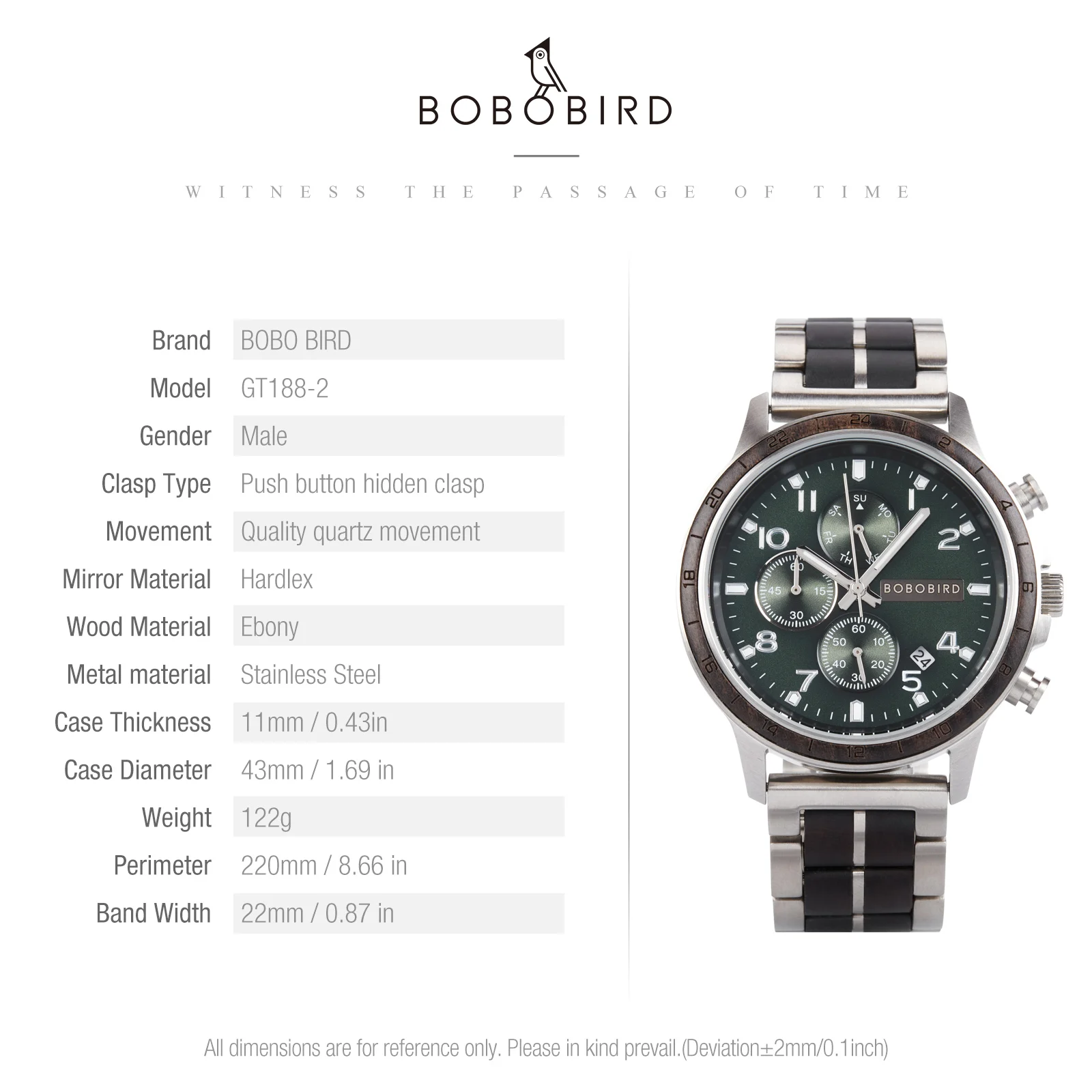 ﻿   BOBO BIRD Jam Tangan Pria Kayu Ebony & Baja Tahan Karat Jam Tangan Gerakan Kuarsa Kasual Bisnis Hadiah Nama Kustom Untuk Keluarga