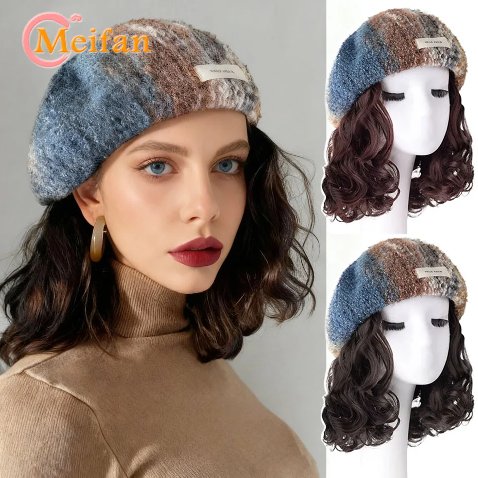 

﻿ Water Wave Hairpiece with Colored Beret Hat Women's Hat Wig Fashion Autumn Winter Korean Trendy Warm Versatile Hat Wig