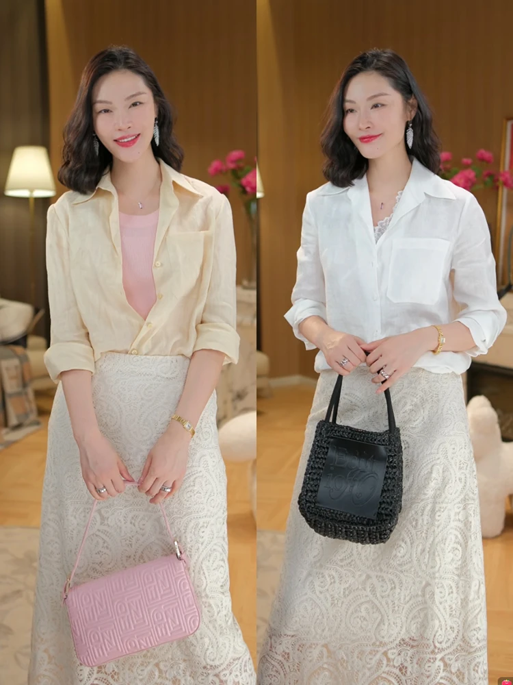 

Breathable Linen irt Casual Romantic Color Loose Fit Long Sve Women's Mid-Length irt Lightweight Skin-Friendly Summer