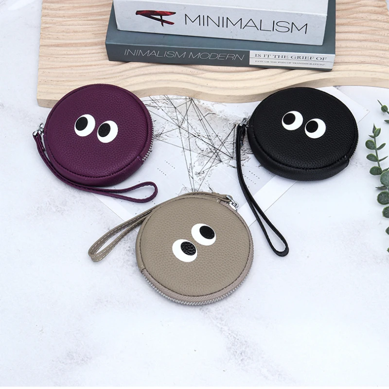 

Brand Big Eye Design Genuine Leather Coin Purses Cowhide Round Small Wallet Women Zipper Bag Handbag Key Pouch Earphone Pocket