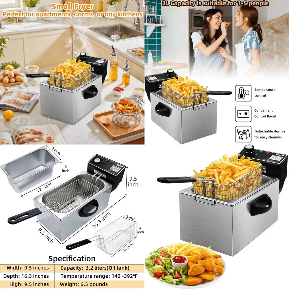 

3.4 Quart Stainless Steel Electric Deep Fryer with Basket & Temp Control - 3.2L Countertop Fryer for Chicken, Fries, Fish, Shrim