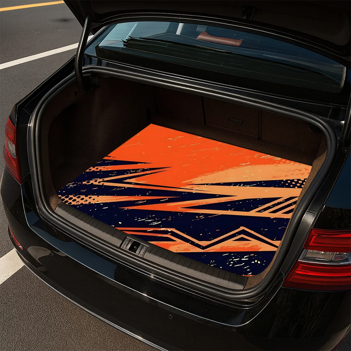 1pc Non-Slip Stylish Car Trunk Mat, Orange And Black Dynamic Geometric Pattern Design - Durable Material, Keeps Trunk Dry And Ti