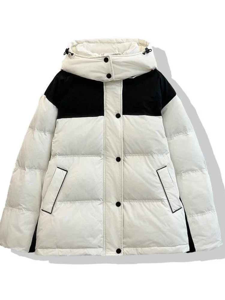 Jaqueta de algodão com capuz solto feminino, casaco puffer grosso, cor coreana bloqueada, Parkas casuais, casacos quentes, inverno