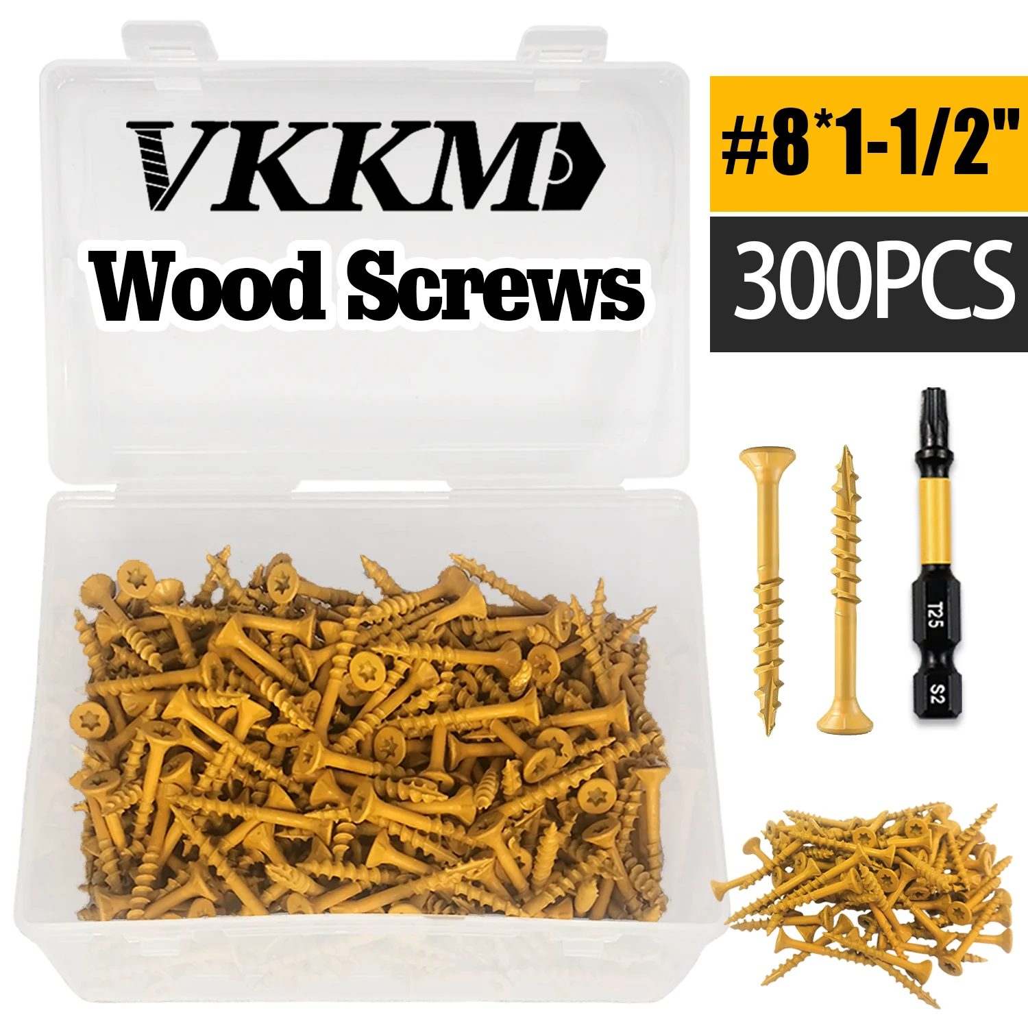 

VKKM Deck Screws 1-1/2 Inch, Wood Screws #8 x 1-1/2", 300 PCS, Rust Resistant Coated, T25 Screws, T25 Star Bit Included, Tan