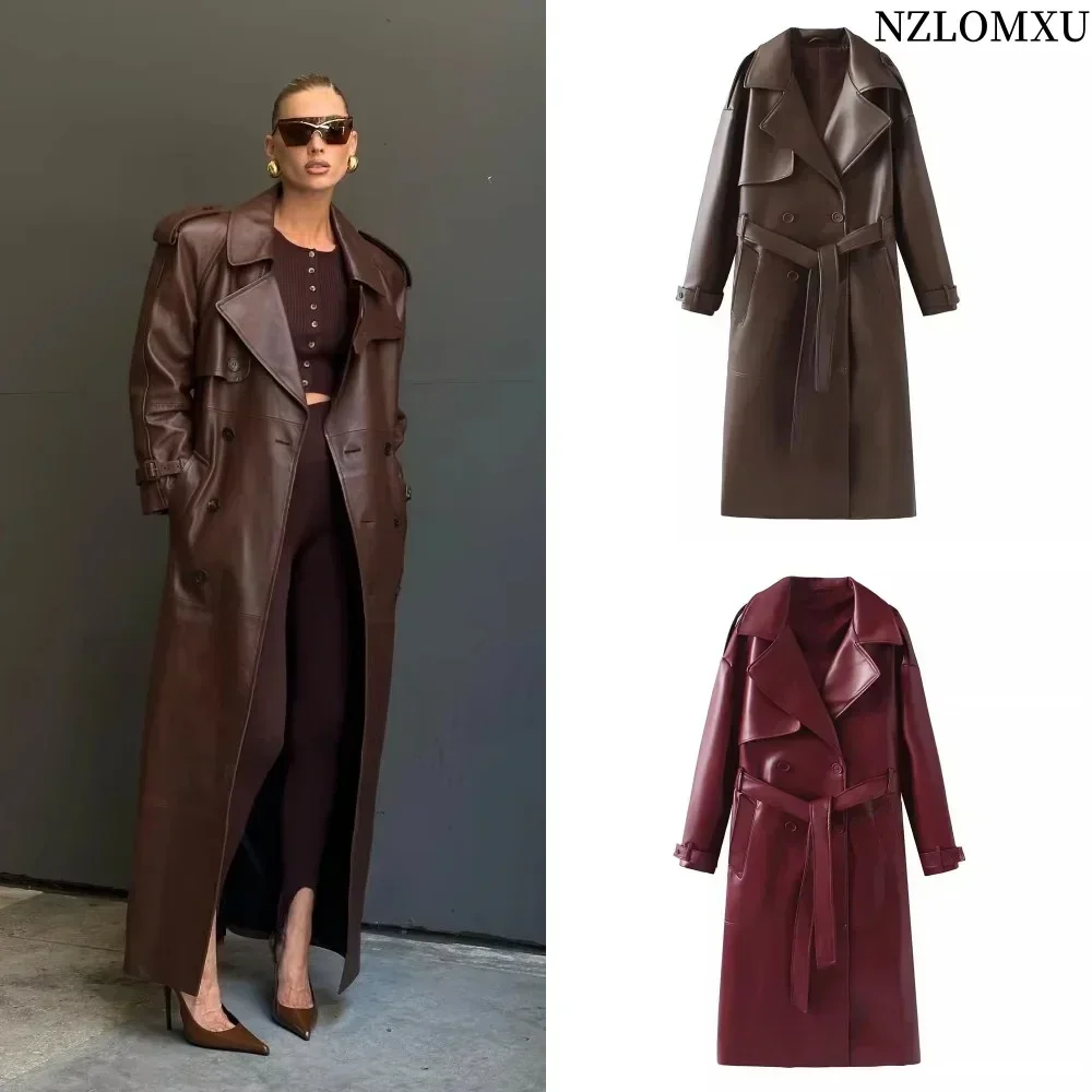 Long Fake Leather Trench Coats Women Slim Belt Waist Back High Cut Up Long Sleeve Chocolate Faux Leather Jackets Women