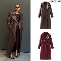 Long Fake Leather Trench Coats Women Slim Belt Waist Back High Cut Up Long Sleeve Chocolate Faux Leather Jackets Women