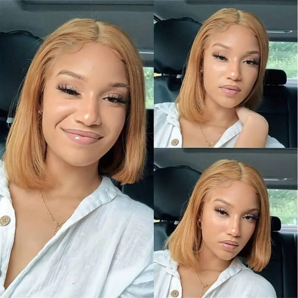 

Straight Short Bob Wigs Pre Plucked 13*4 Transparent Lace Frontal Wig Honey Blonde Bob Wig Double Drawn #27 Brazilian Human Hair